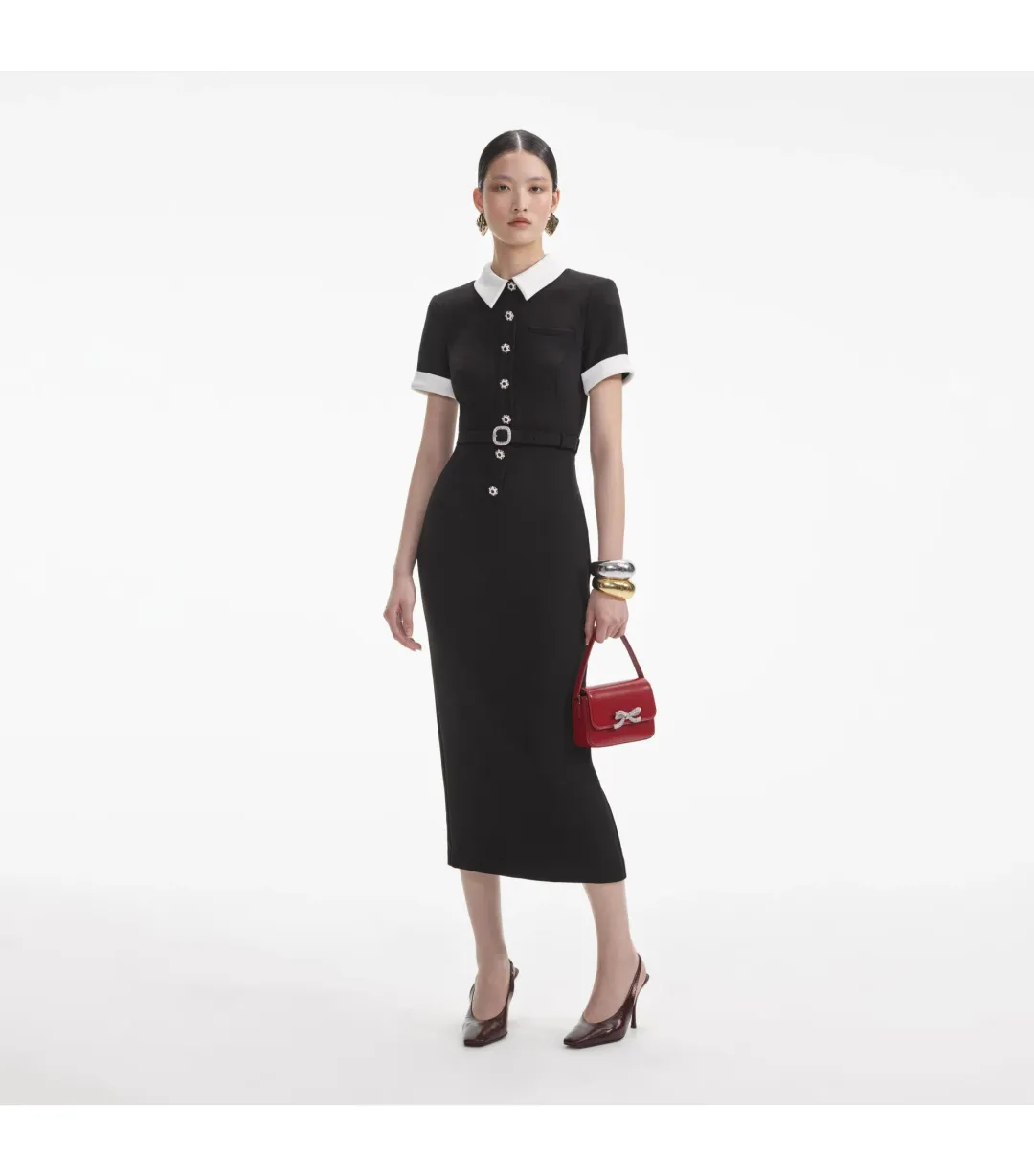 Self Portrait Crepe Contrast Midi Dress Black Size S / AU 8 for rent on The Volte - main image