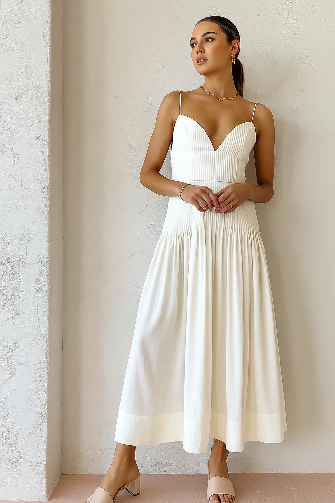 Clea Cameron Pin Tuck Midi Dress White Size AU 8 for rent on The Volte - main image