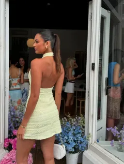 With Harper Lu Textured Halter Mini Dress Lemon Yellow Size XS/Au 6 for rent on The Volte - image 2