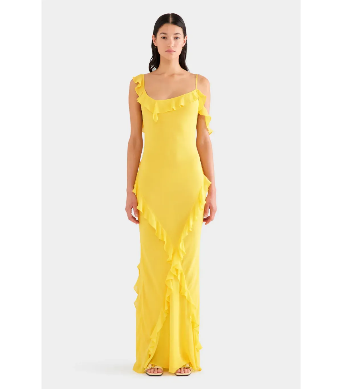 Venroy Asymmetric Low Back Silk Ruffle Dress Yellow Gold Size AU 8 - Image 1
