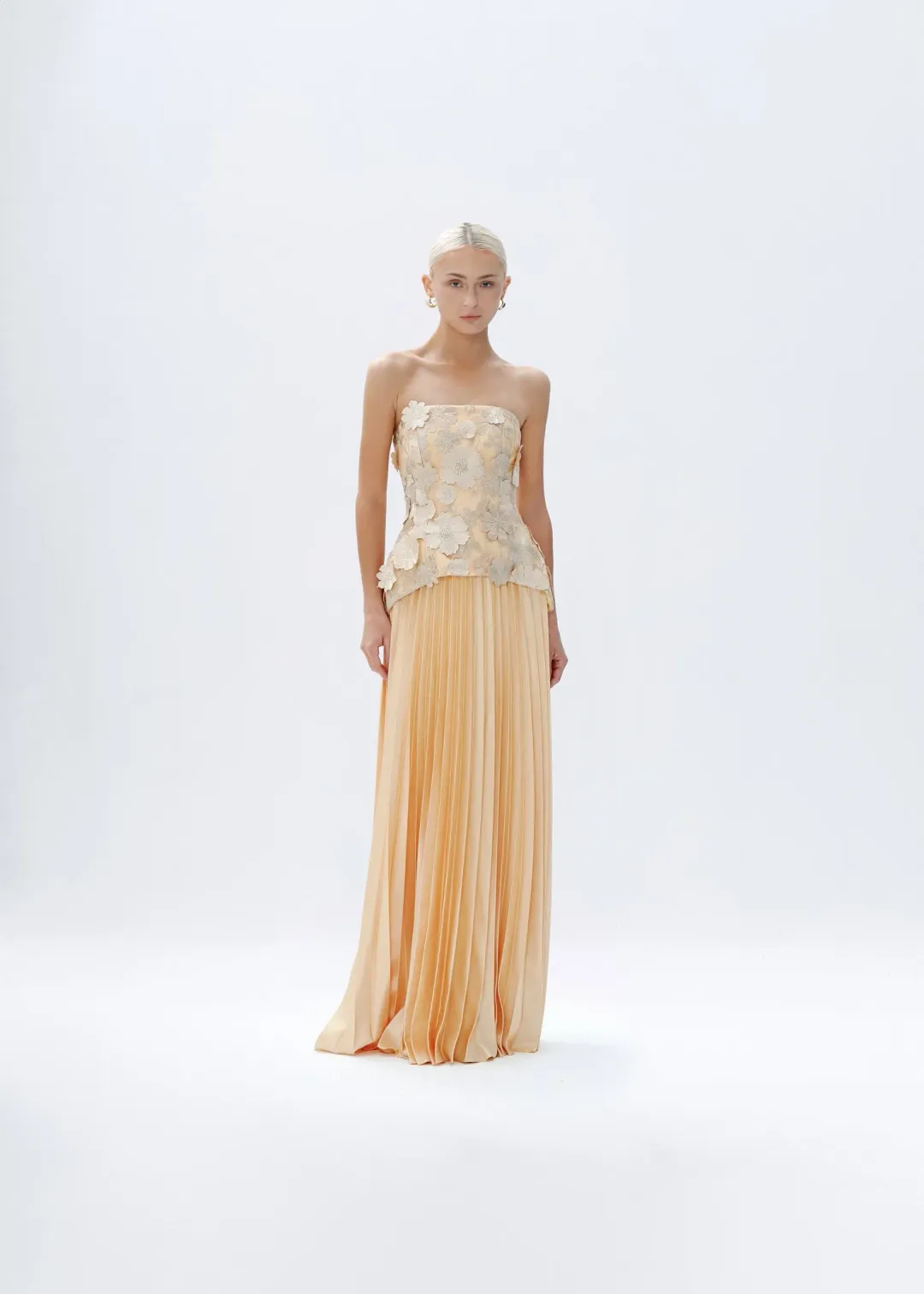 Justin Tong Cascade Pleated Maxi Gown Gold Size AU 14 for rent on The Volte - main image