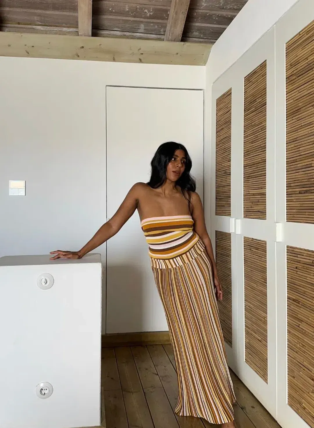 Faithfull Citara Strapless Top & Maxi Skirt Set in Cocoa Size 8 for rent on The Volte - main image