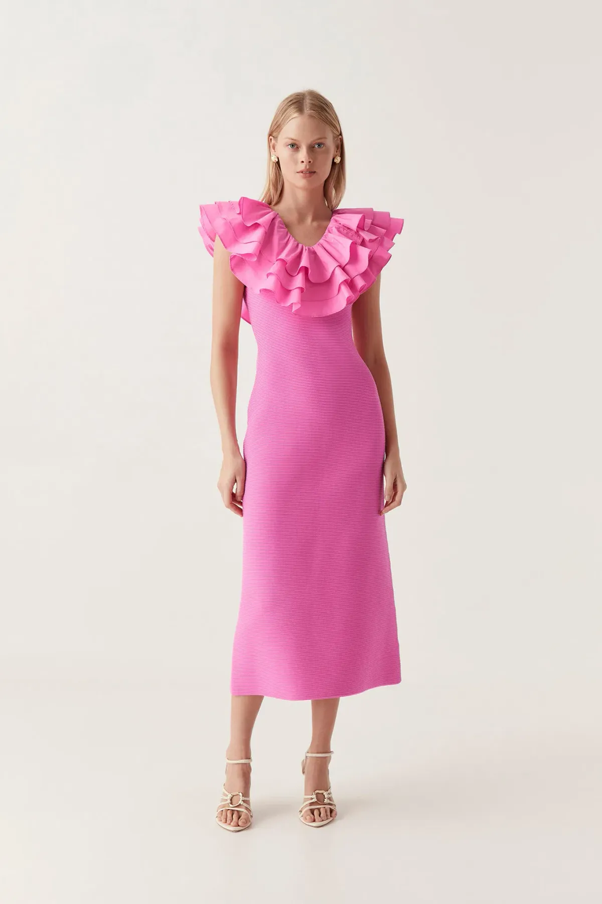 Aje Transcendent Ruffle Midi Dress in Pink Size S / AU 8 for rent on The Volte - main image
