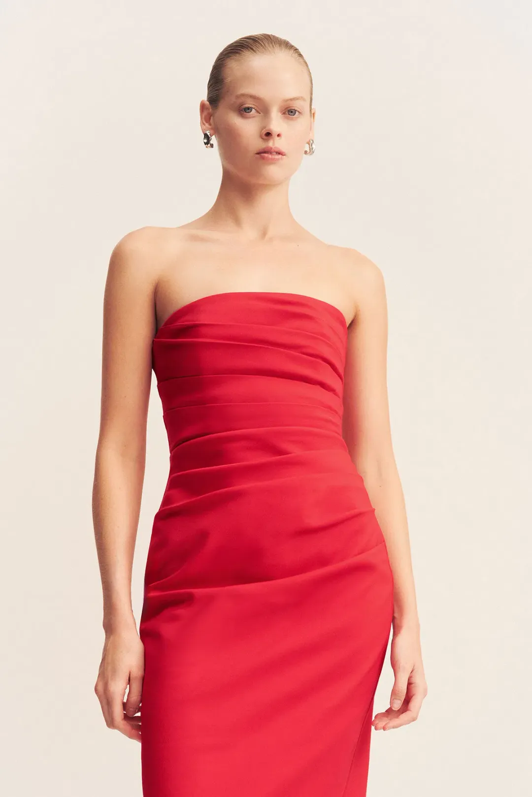 Shona Joy Lani Strapless Draped Maxi Dress in Chilli Red Size 8 for rent on The Volte - main image