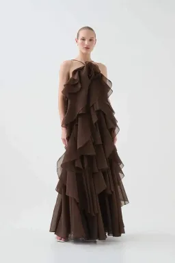 Aje Pandorea Layered Maxi Dress in Carob Size AU 10 for rent on The Volte - image 3