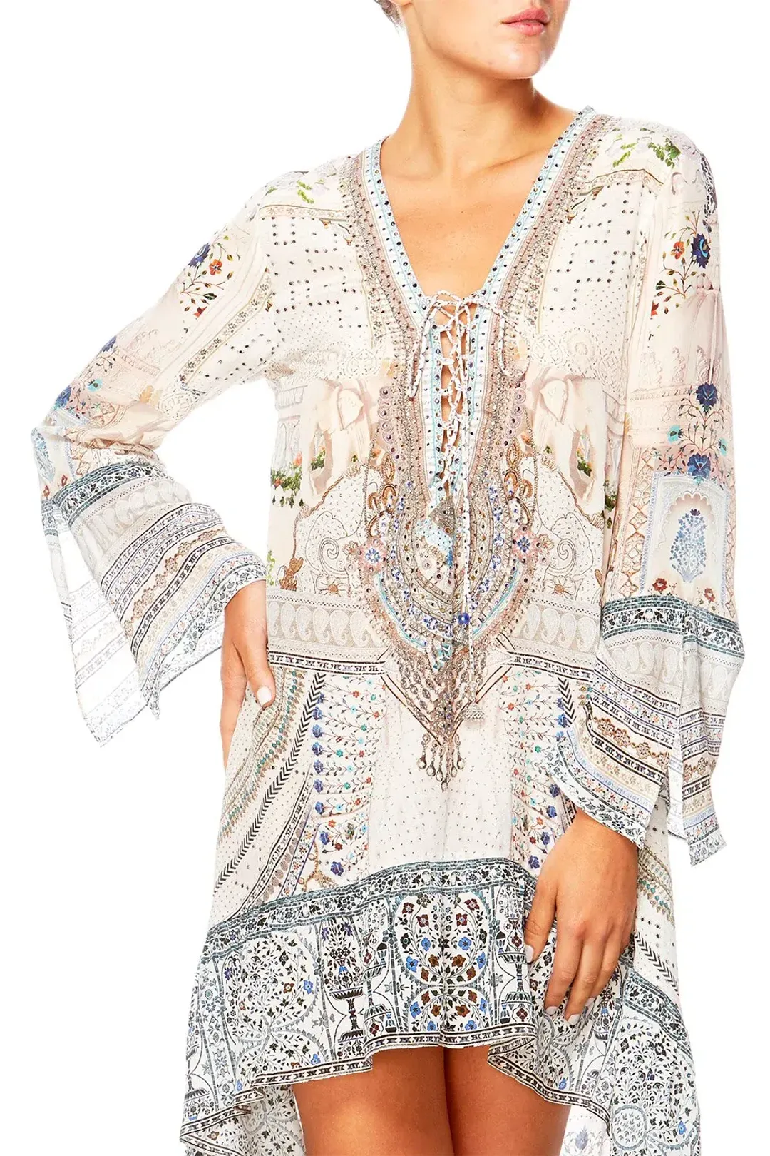 Camilla Breakfast With Silvia Short Dress with High Low Hem Print Size XS for rent on The Volte - main image