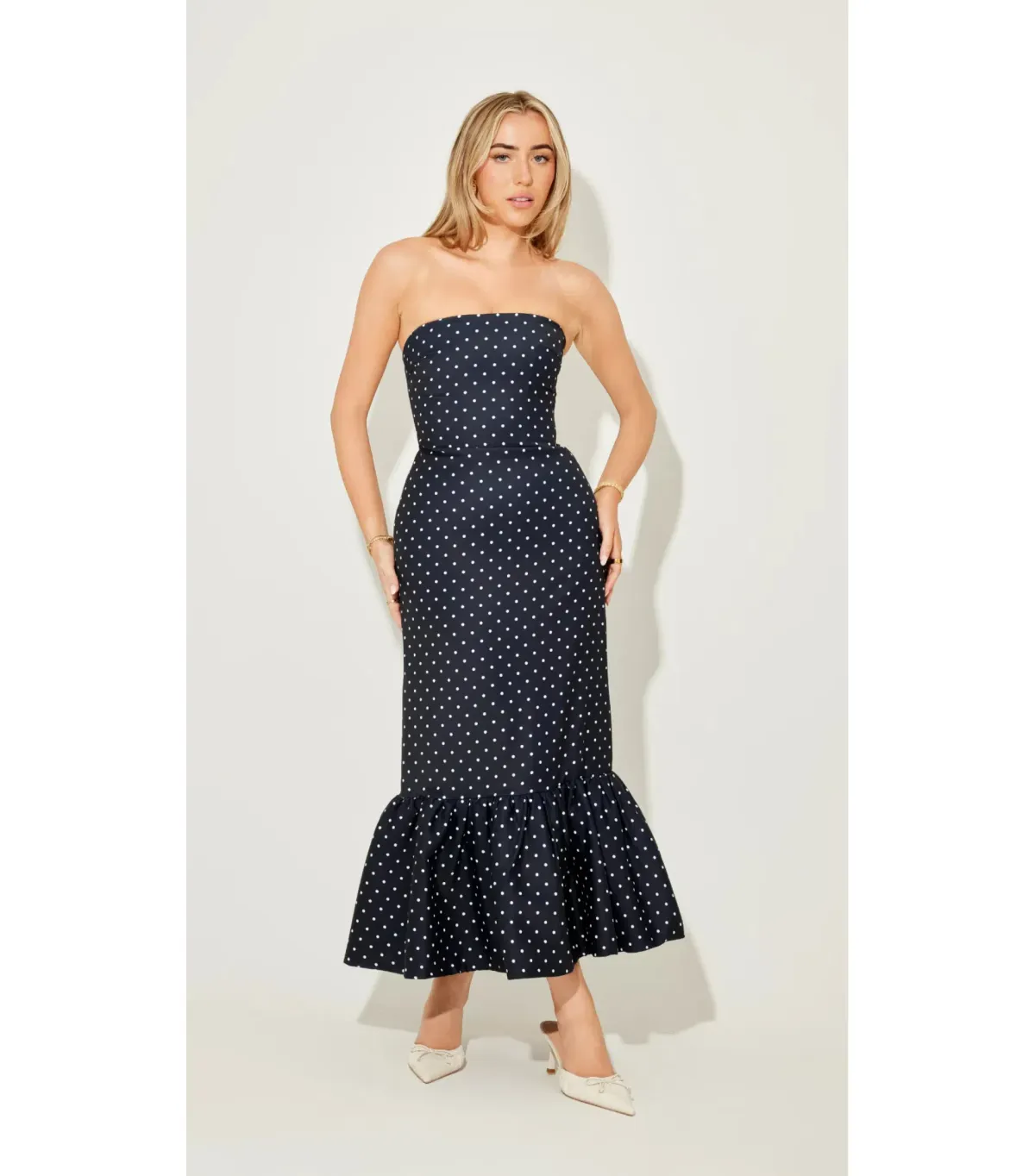 Odd Muse Strapless Peplum Midi Dress in Navy Polka Dot Size M / AU 10 - Image 1