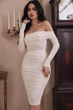 House of CB Anais Off Shoulder Ruched Midi Dress White Size 8 for rent on The Volte - image 3