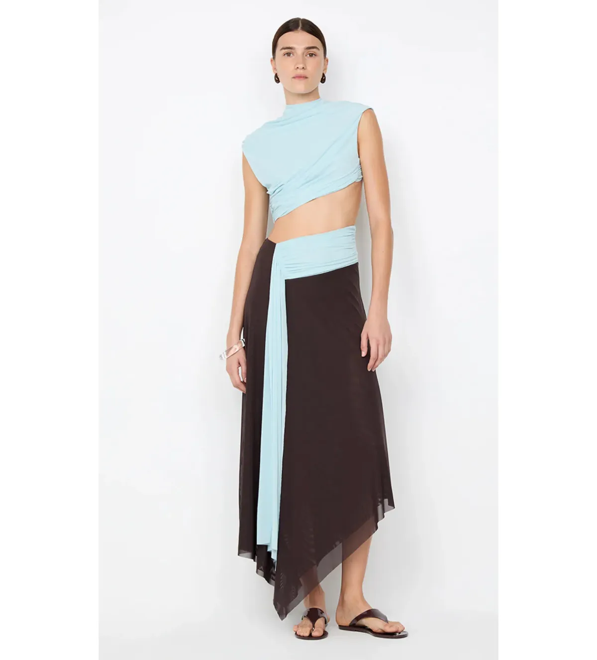 Bec & Bridge Conni Asym Midi Dress Arctic Blue/Dark Choco Size 8 - Image 1