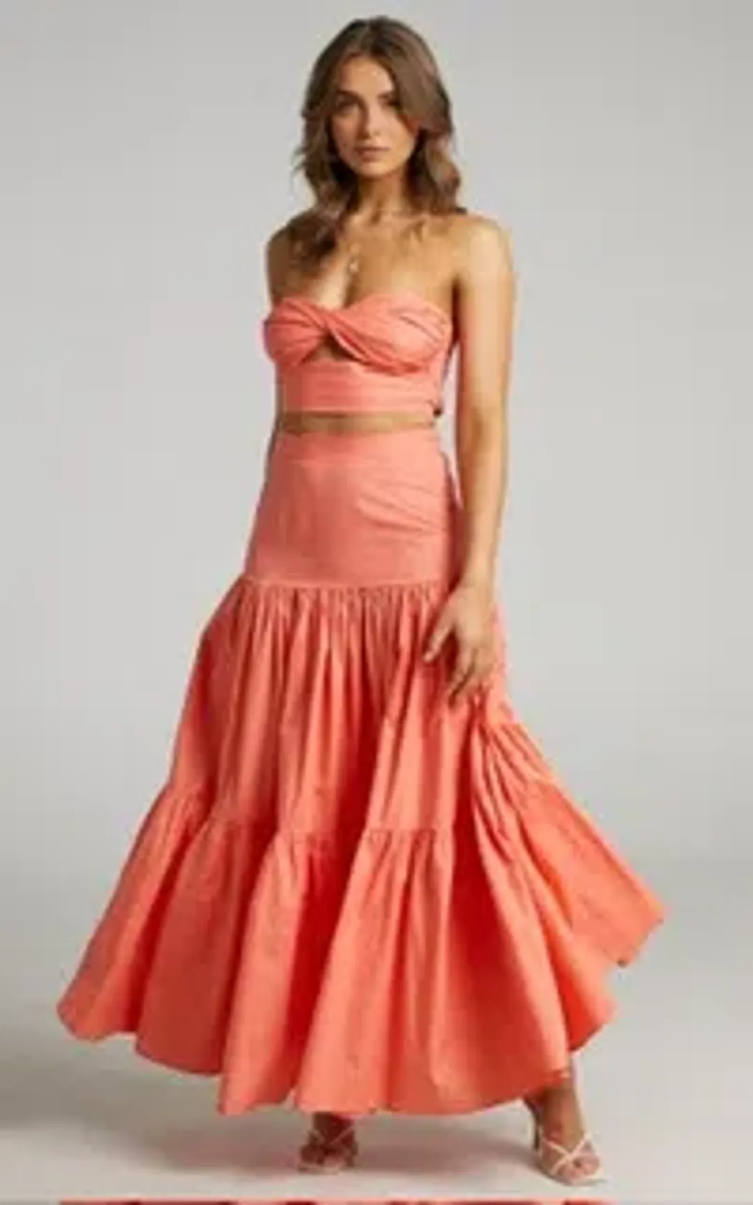 RUNAWAY THE LABEL - AYLA MAXI SKIRT & CROP IN SUNSET SHOWPO for rent on The Volte - main image