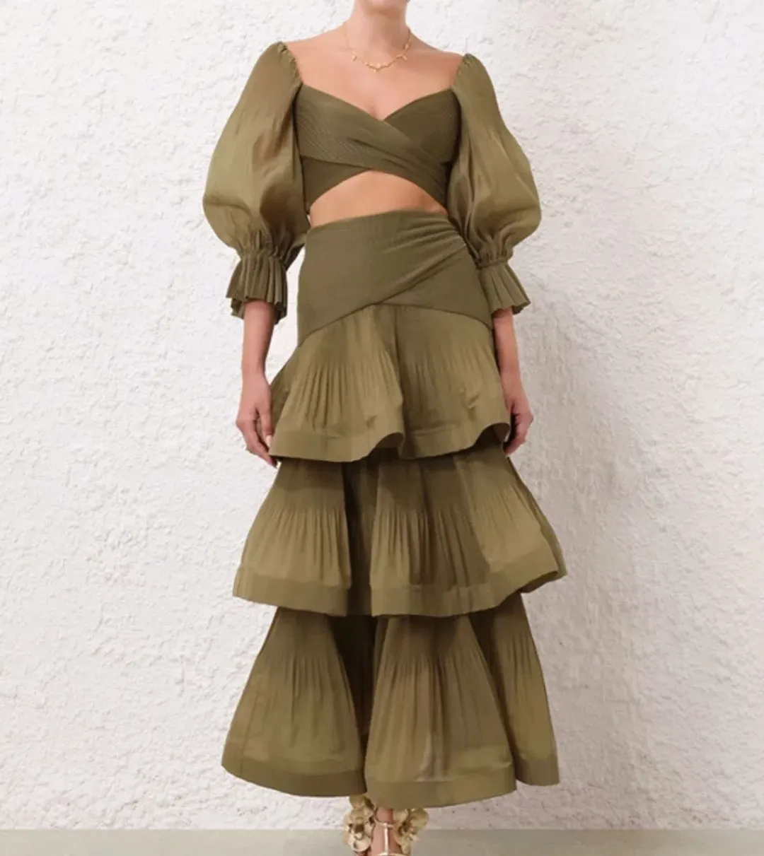 Zimmermann Pleated Bodice and Tiered Skirt Set in Olive Size 2 for rent on The Volte - main image