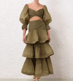 Zimmermann Pleated Bodice and Tiered Skirt Set in Olive Size 2 for rent on The Volte - image 3