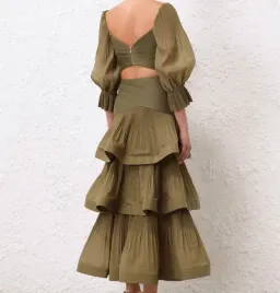 Zimmermann Pleated Bodice and Tiered Skirt Set in Olive Size 2 for rent on The Volte - image 2