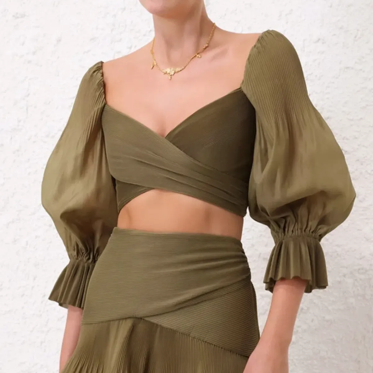 Zimmermann Pleated Bodice and Tiered Skirt Set in Olive Size 2 for rent on The Volte - main image