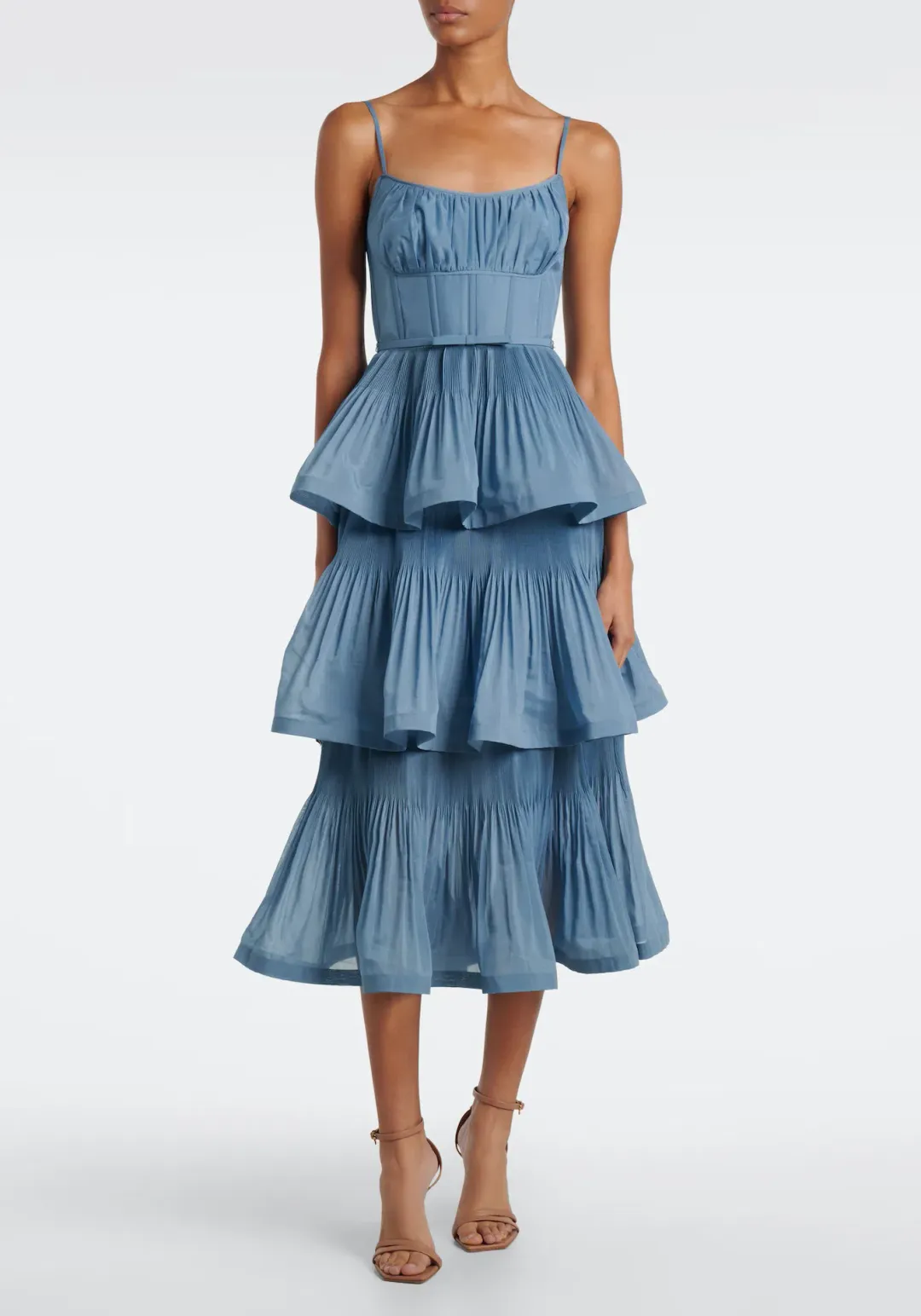Zimmermann Pleated Tiered Midi Dress in Deep Blue Size 3 / AU 14 for rent on The Volte - main image
