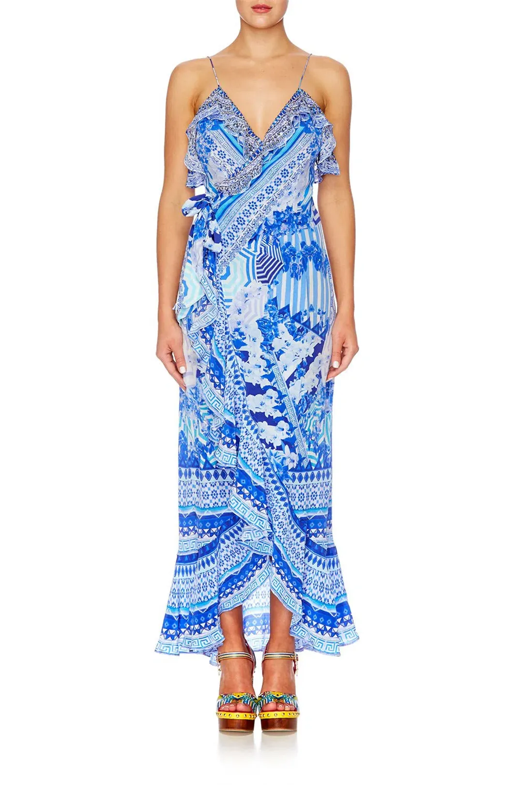 Camilla Long Wrap Maxi Dress with Frill in Throwing Shade Print Size AU 6 for rent on The Volte - main image