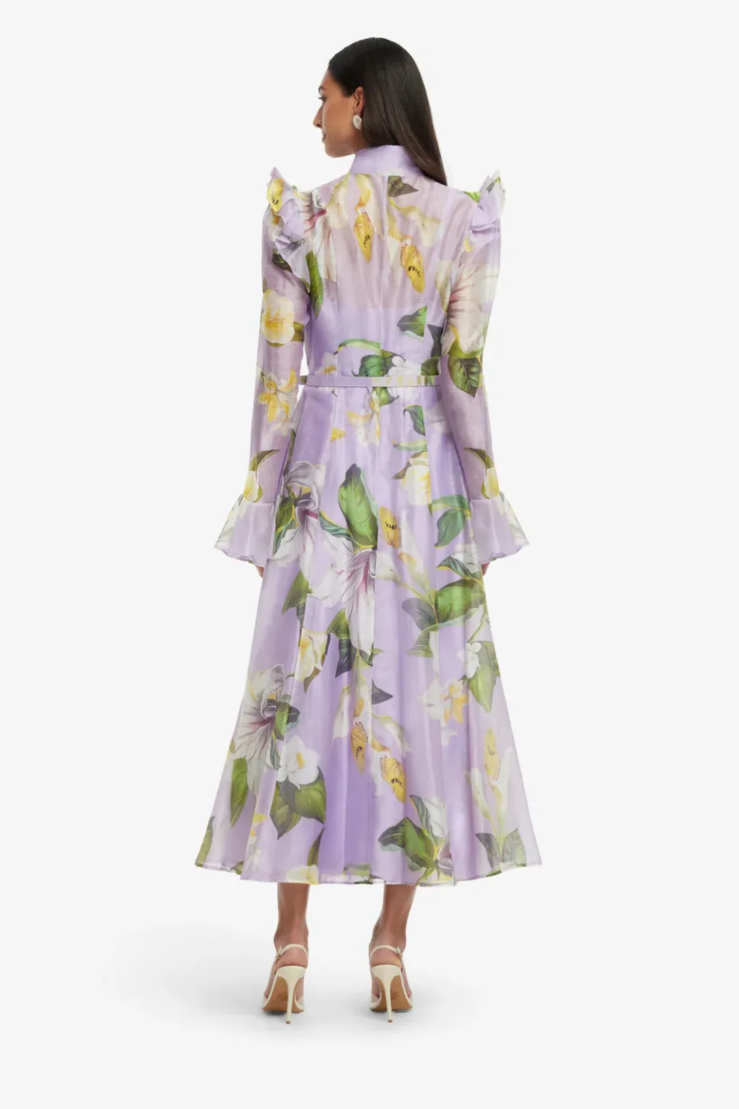 Leo Lin Katrina Butterfly Sleeve Midi Dress Lily Blossom Print in Lilac Size 16 for rent on The Volte - main image
