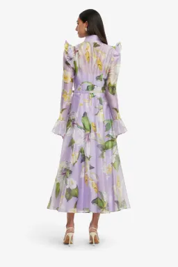 Leo Lin Katrina Butterfly Sleeve Midi Dress Lily Blossom Print in Lilac Size 16 for rent on The Volte - image 2
