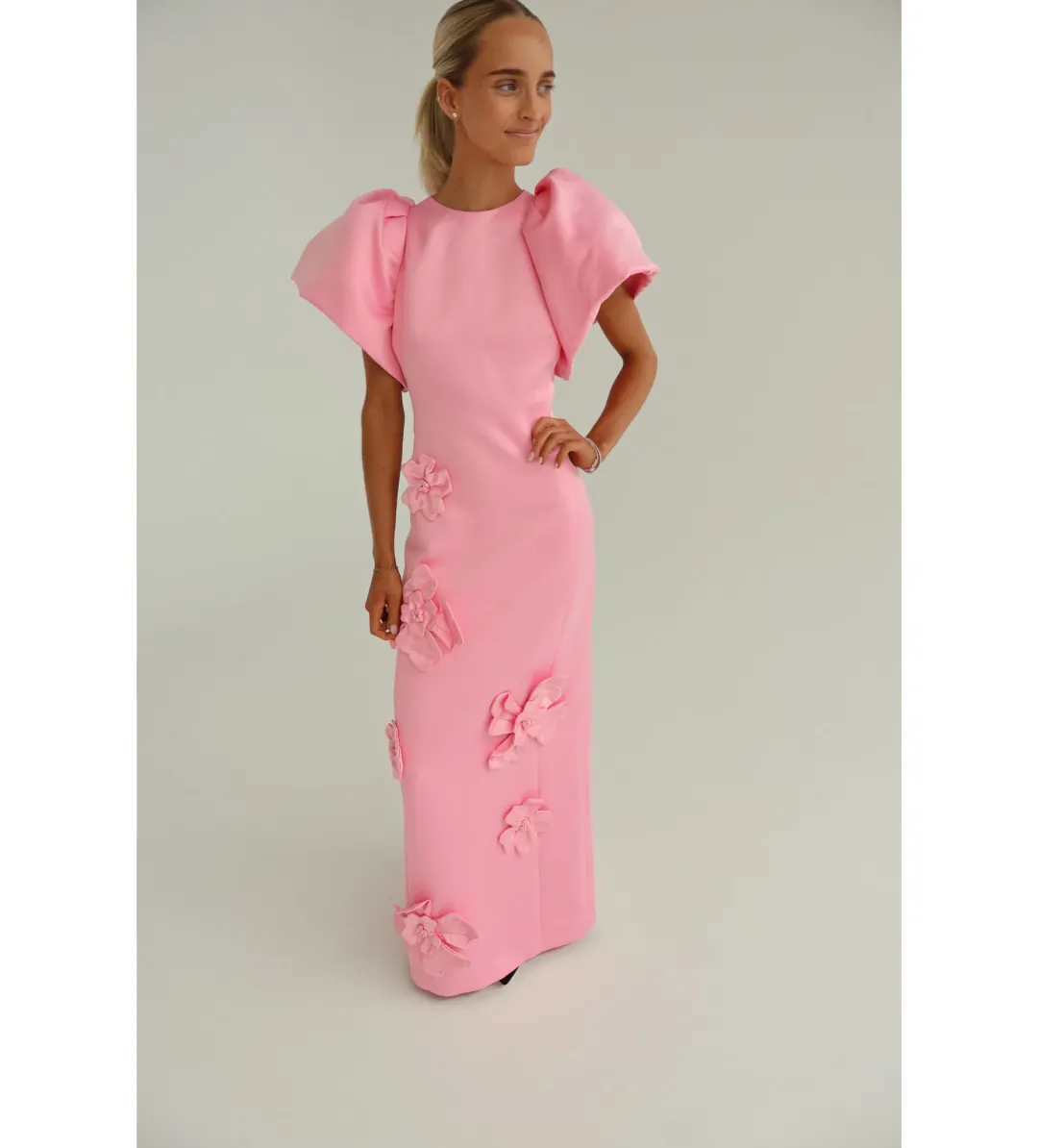 Leo Lin Lucinda Floral Appliqué Maxi Dress Baby Pink Size 10 for rent on The Volte - main image