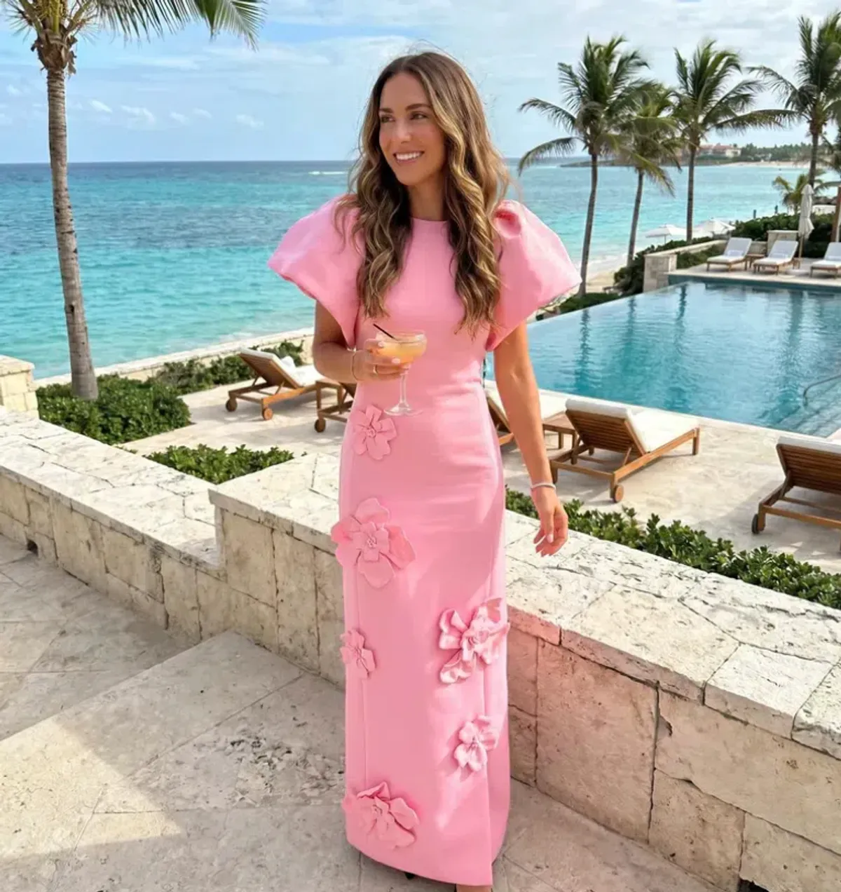 Leo Lin Lucinda Floral Appliqué Maxi Dress Baby Pink Size 10 for rent on The Volte - main image