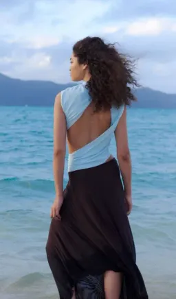 Bec and Bridge Conni Asym Midi Dress in Arctic Blue and Dark Chocolate Size 6 for rent on The Volte - image 4