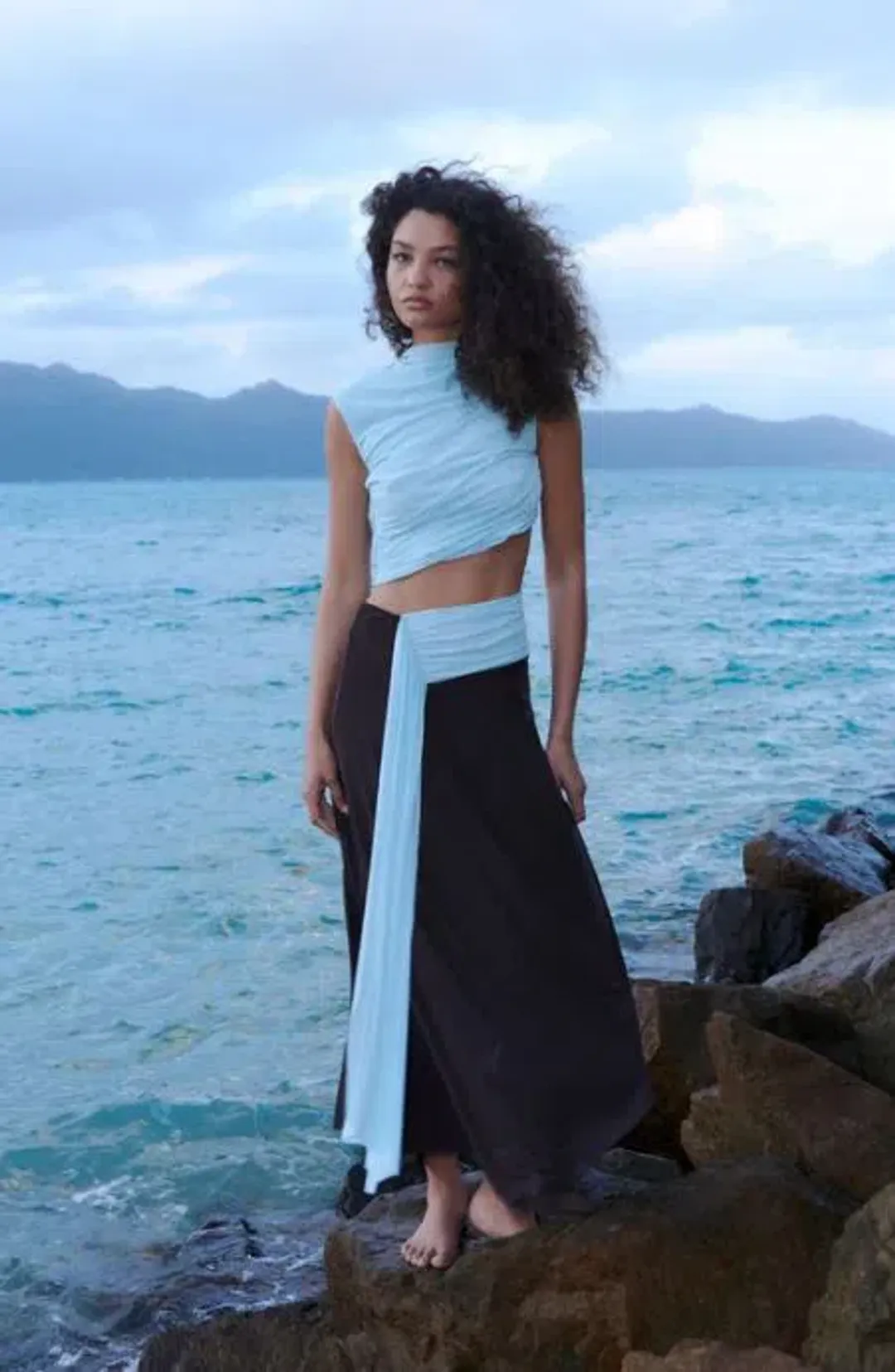 Bec and Bridge Conni Asym Midi Dress in Arctic Blue and Dark Chocolate Size 8 for rent on The Volte - main image