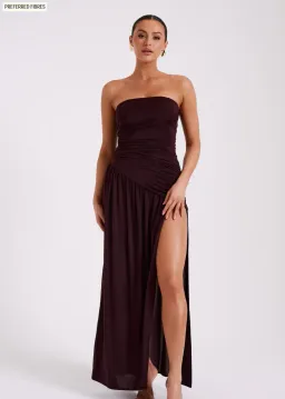 MESHKI Bex Strapless Slinky Maxi Dress With Split Burgundy Size 10 for rent on The Volte - image 1