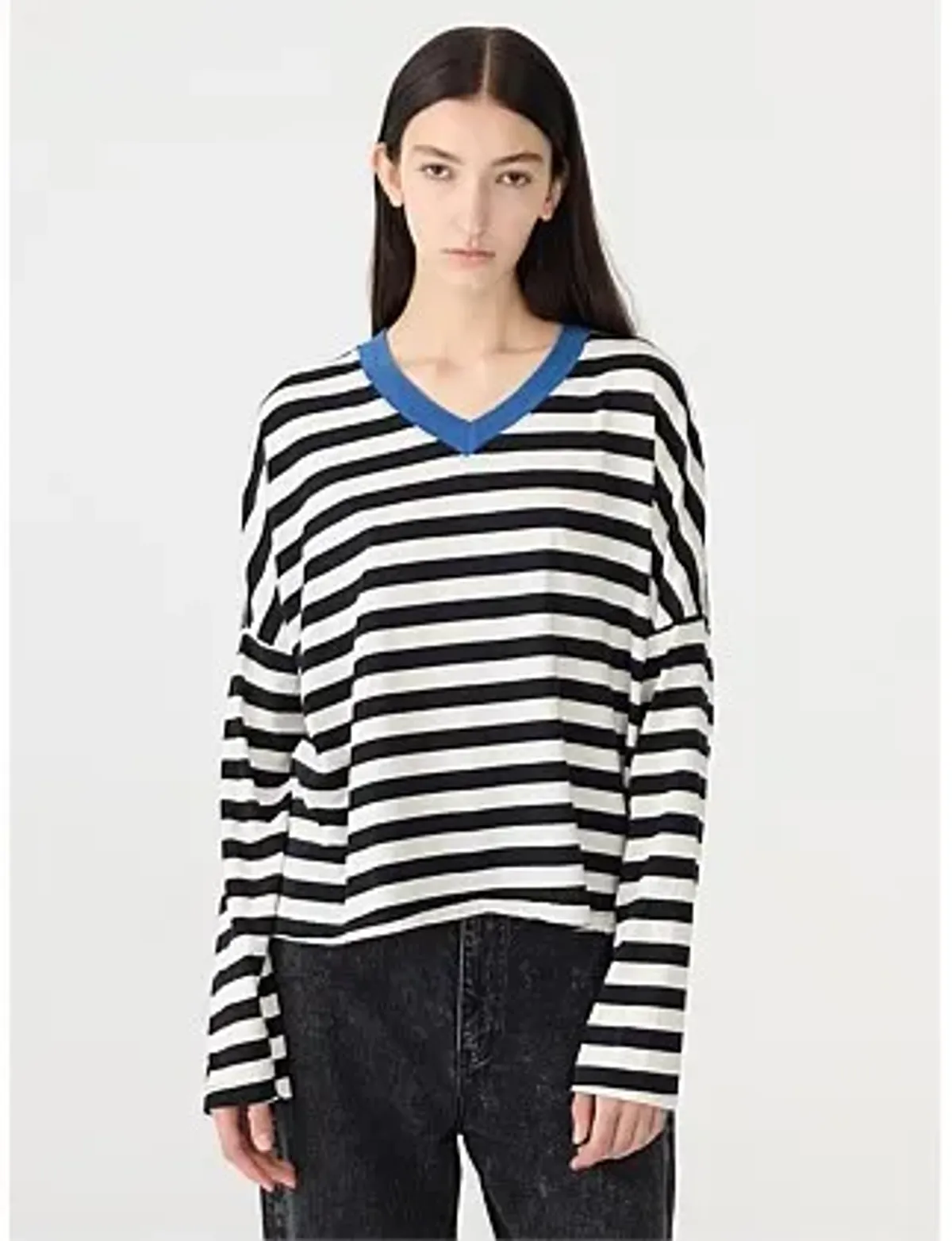 Bassike Stripe Boxy V Neck Long Sleeve T-Shirt in Black Size 10 - Image 3