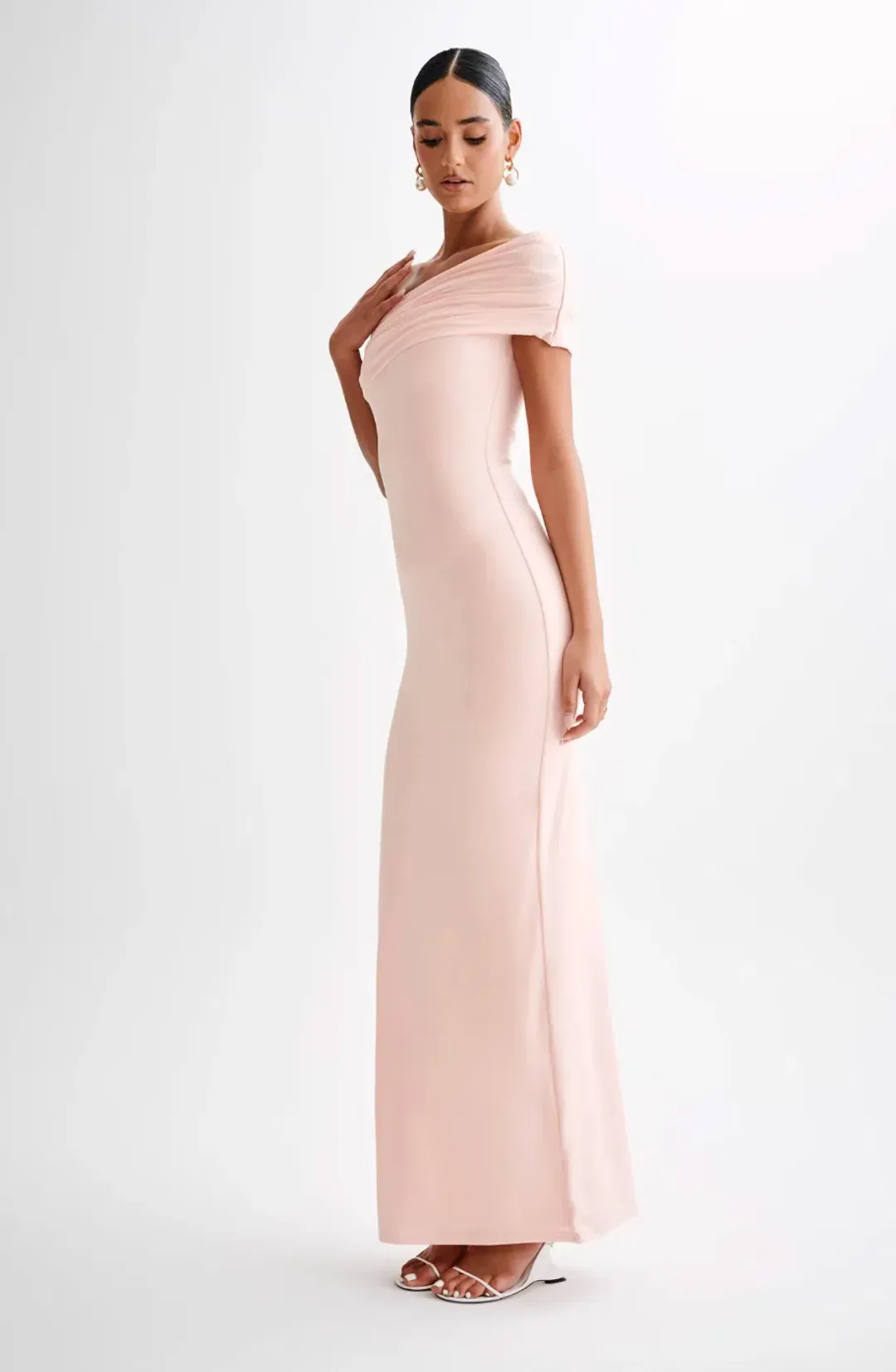 Meshki Cassandra Off Shoulder Slinky Maxi Dress Pale Pink Size XS for rent on The Volte - main image