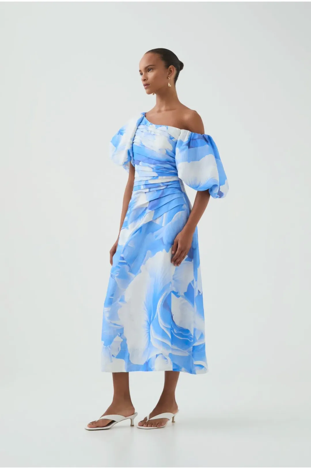 AJE CADENCE RUCHED MIDI DRESS in FLORAL BLUE SIZE 12 for rent on The Volte - main image
