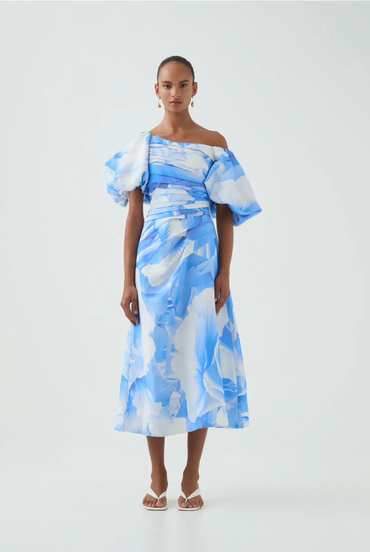 AJE CADENCE RUCHED MIDI DRESS in FLORAL BLUE SIZE 12 - Image 3