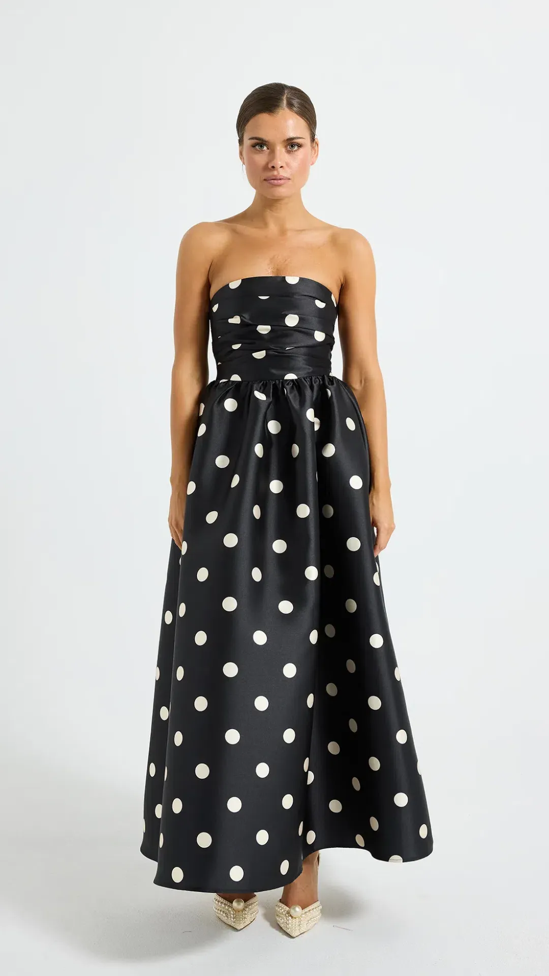 Pasduchas Dottie Strapless Midi Dress Size 10 in Black/Cream for rent on The Volte - main image