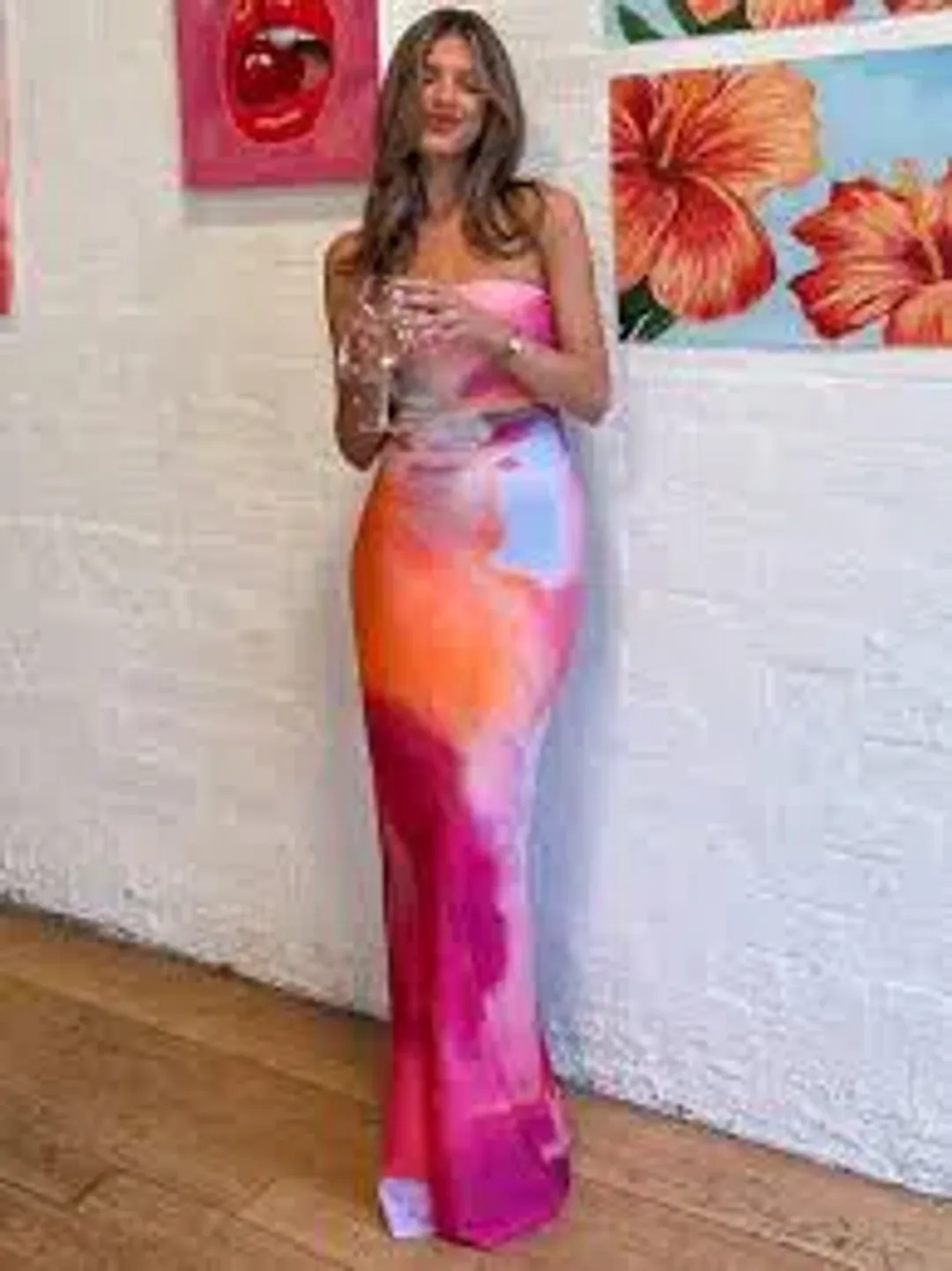 WITH HARPER LU STRAPLESS SLIP MAXI DRESS ABSTRACT ART SIZE XS Aus6-8 for rent on The Volte - main image