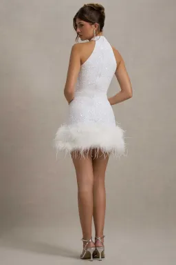 Club London LUMI White Sequin High-Neck Feather Trim Mini Dress 6 for rent on The Volte - image 2