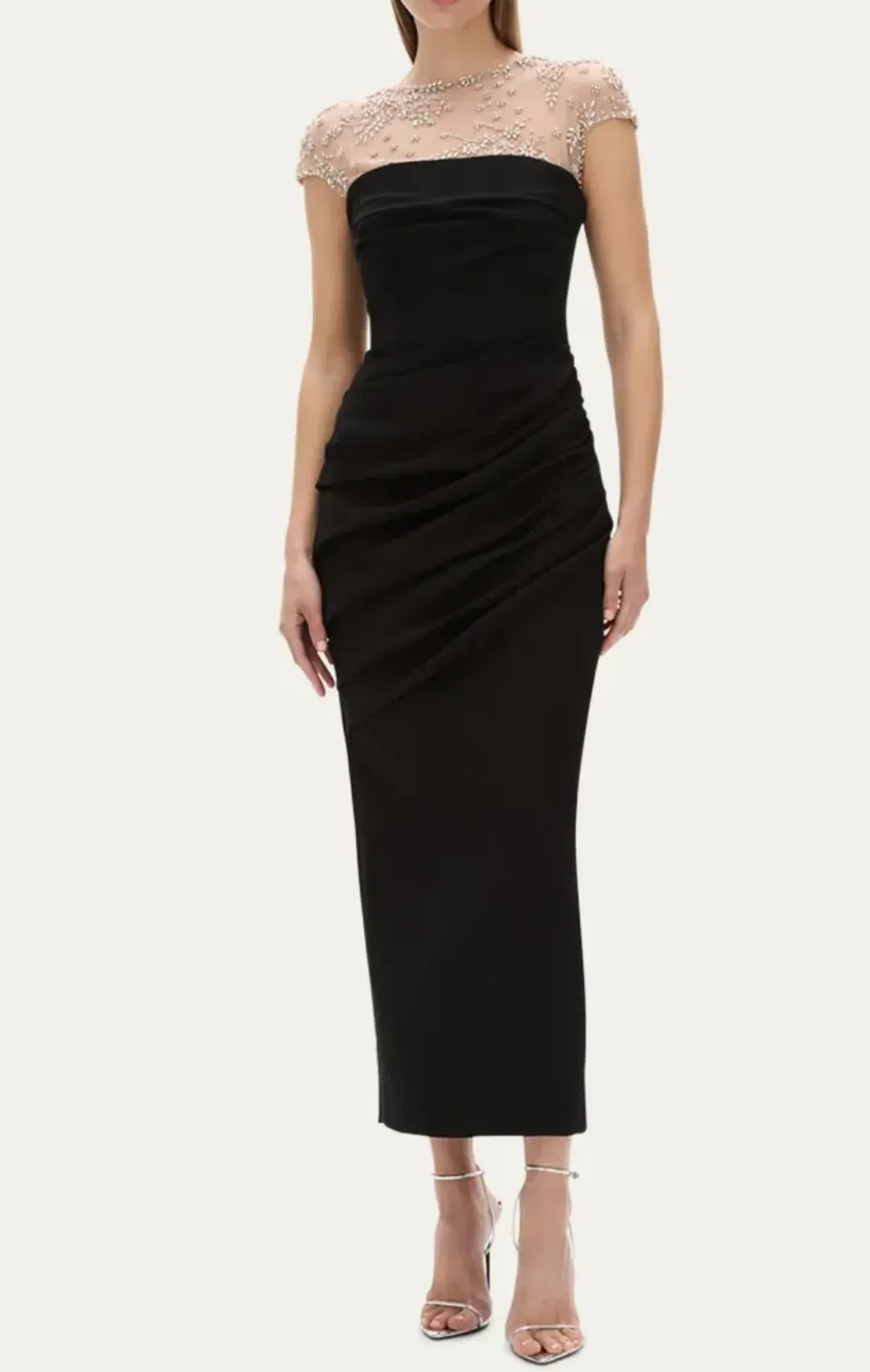 Rachel Gilbert Dottie Floral Crystal Sheer Draped Midi Dress Black Size 6 - Image 4