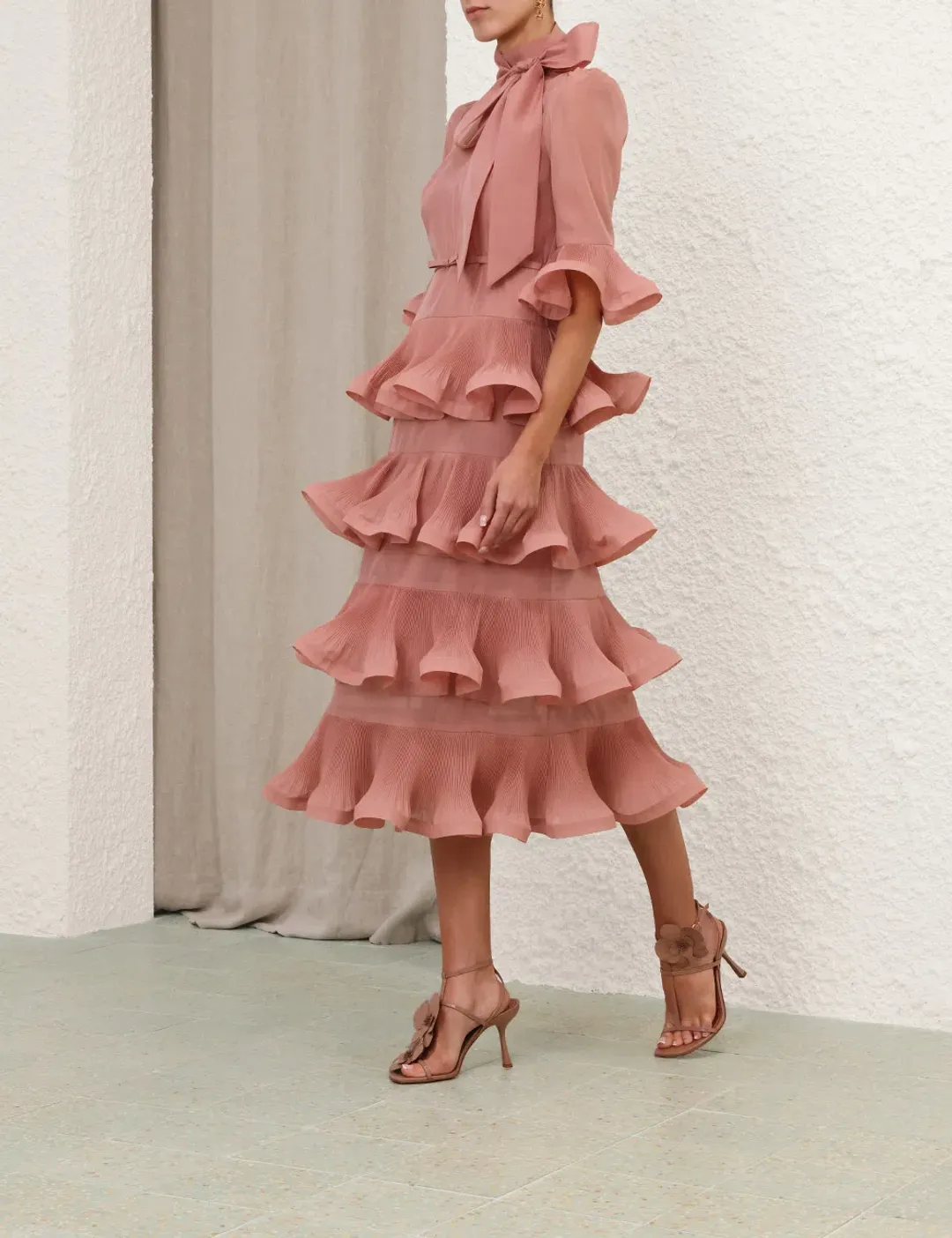 Zimmermann Pleated Sleeved Midi Dress Size 0/ 8-Lipstick Pink for rent on The Volte - main image