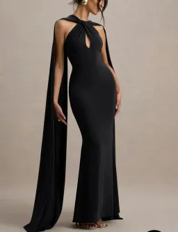 Club L London - Black Twist Halter Neck Cape Maxi Dress AU size 10 for rent on The Volte - image 1