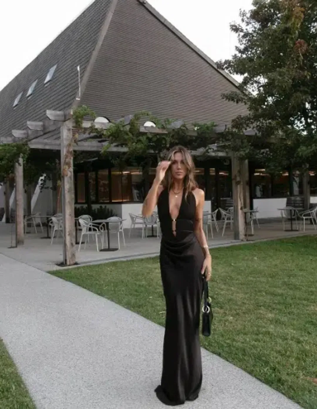 MISHA Celine Satin Maxi Brown size 10 for rent on The Volte - main image