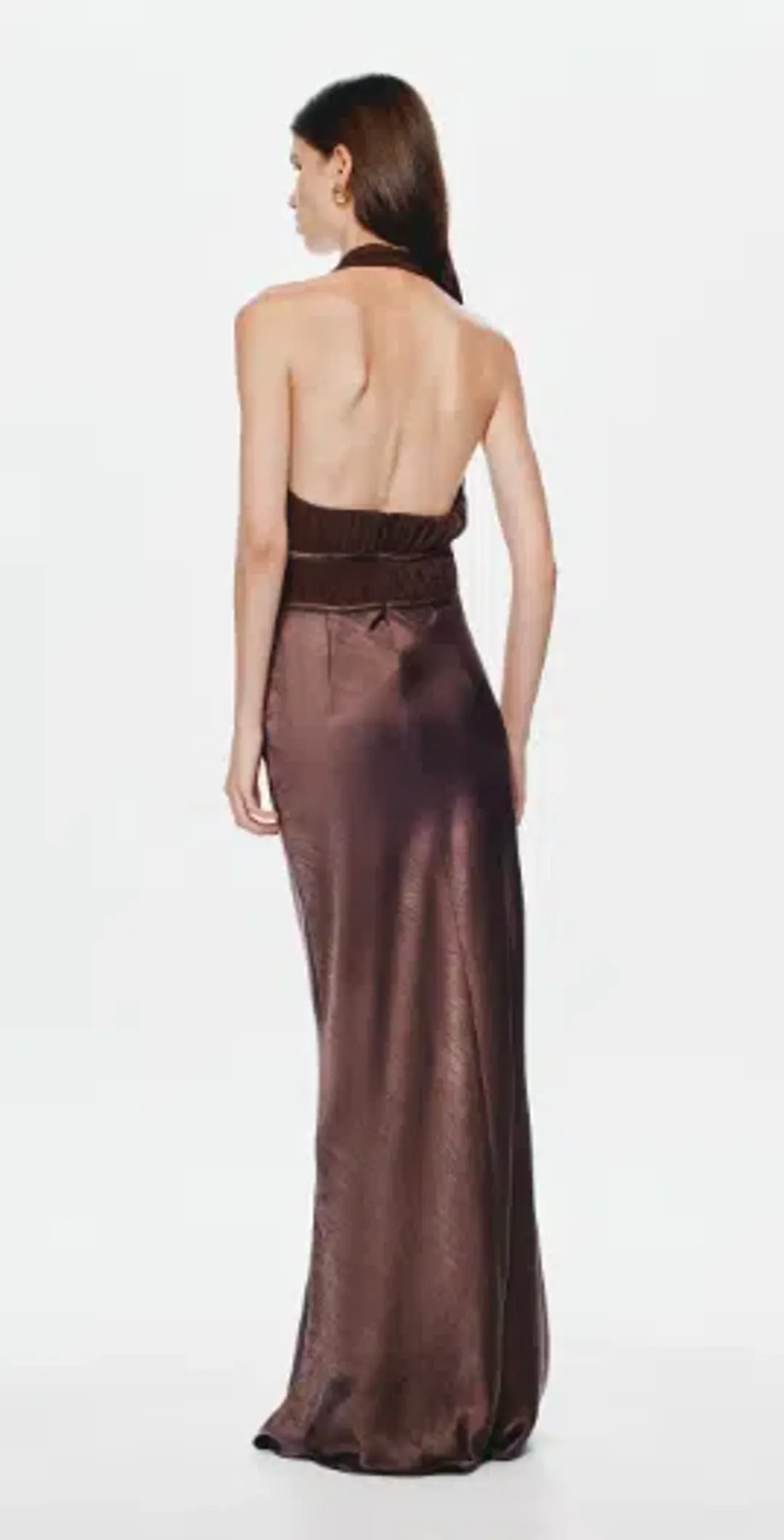 MISHA Celine Satin Maxi Brown size 10 for rent on The Volte - main image