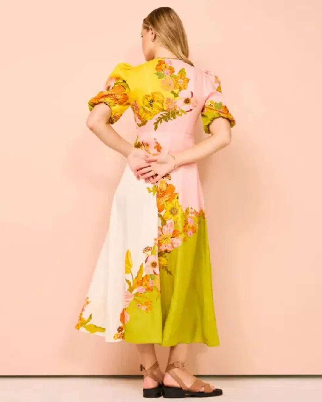 Alemais Silas Midi Dress Yellow Pink Floral Print Size 10 for rent on The Volte - main image
