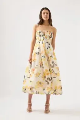 Aje Botanica Cross Back Midi Dress Pressed Sunflowers Size 8 for rent on The Volte - image 1