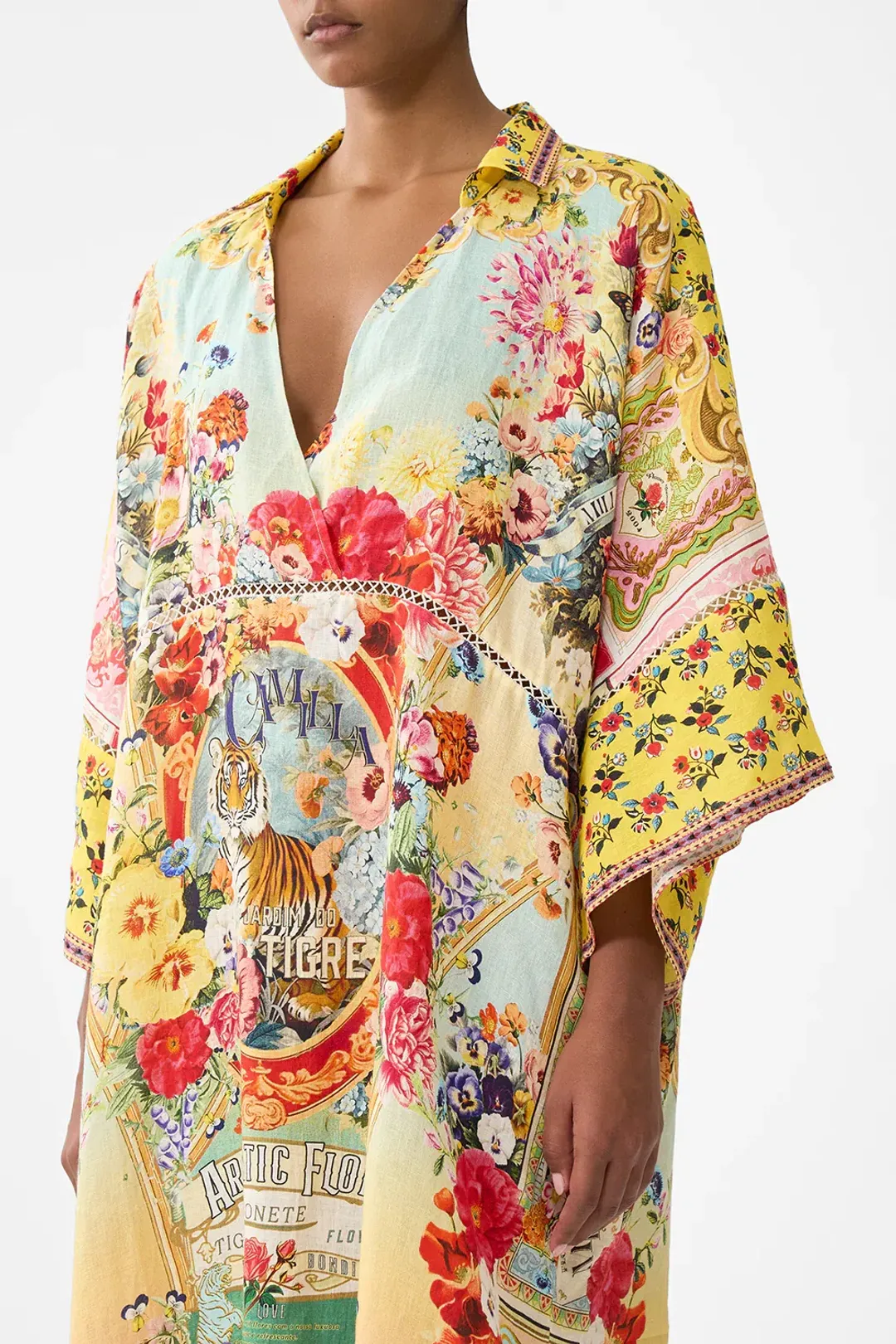Camilla Deep V Kaftan With Cut-Out Detail Aromatic Tiger Flower size XL/XXL for rent on The Volte - main image