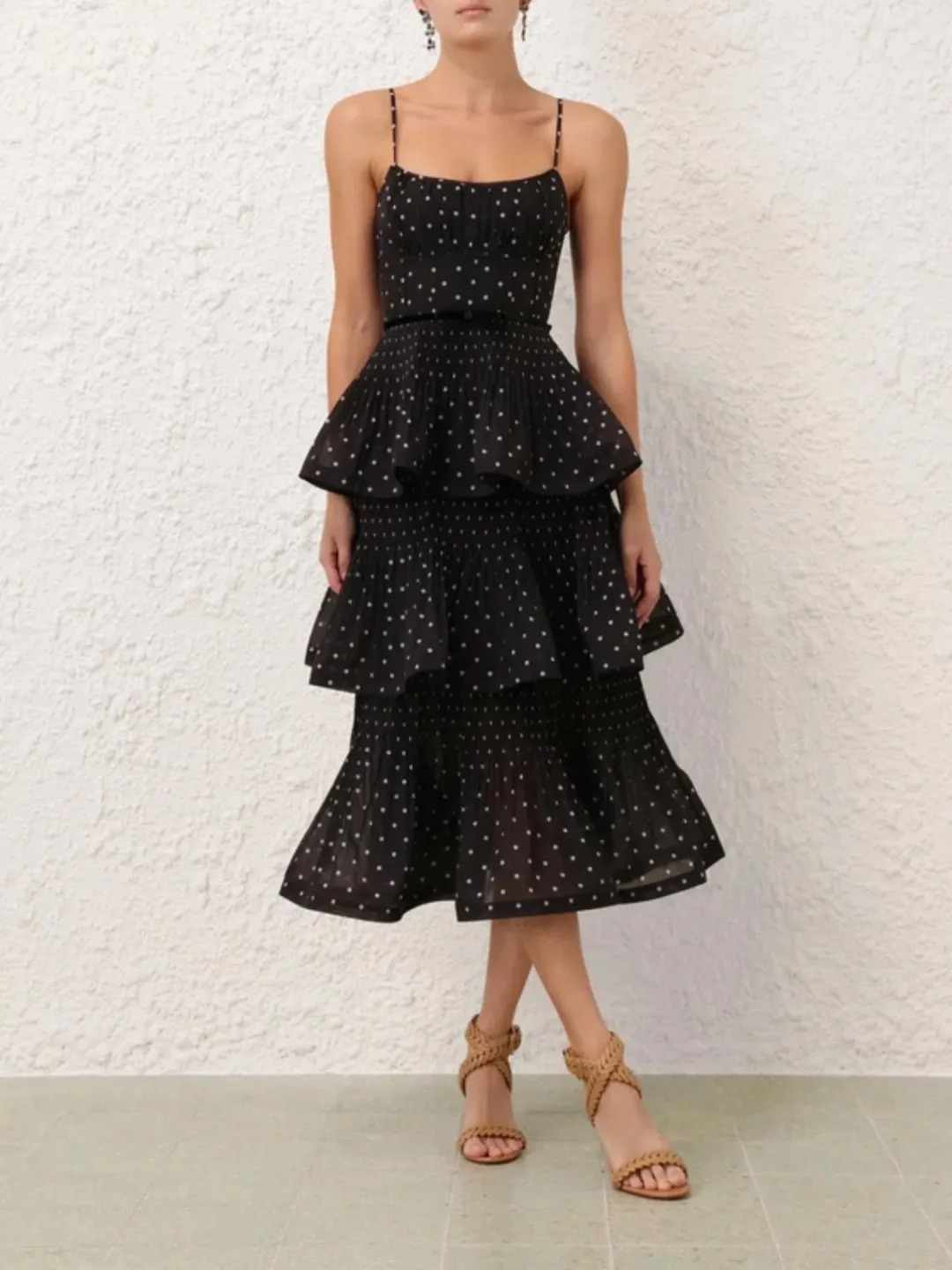 Zimmermann Pleated Tiered Midi Dress in Black Polka Dot Size 2/AU 12 for rent on The Volte - main image