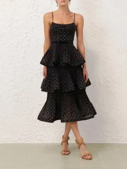Zimmermann Pleated Tiered Midi Dress in Black Polka Dot Size 2/AU 12 for rent on The Volte - image 1