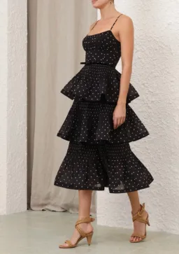 Zimmermann Pleated Tiered Midi Dress in Black Polka Dot Size 2/AU 12 for rent on The Volte - image 2