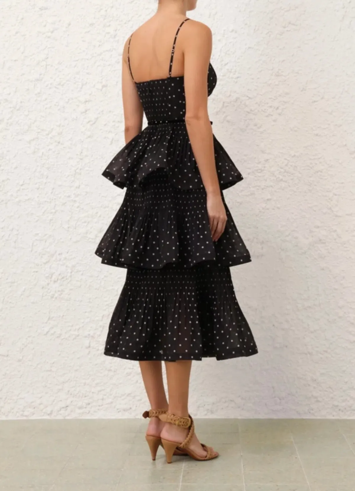 Zimmermann Pleated Tiered Midi Dress in Black Polka Dot Size 2/AU 12 - Image 3