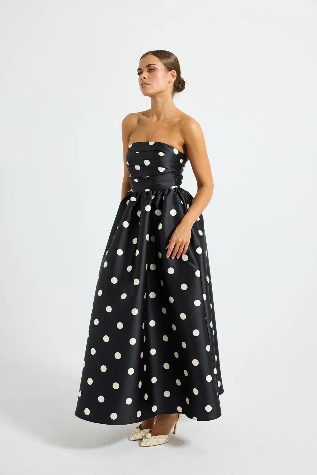 Pasduchas Dottie Strapless Midi Dress Black/Cream Size AU 14 for rent on The Volte - main image