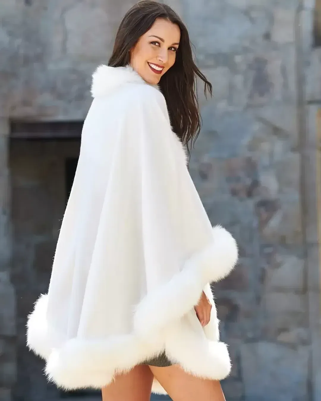 Fur Hat World - Cashmere Cape with Fox Fur Trim - Ivory - O/S for rent on The Volte - main image