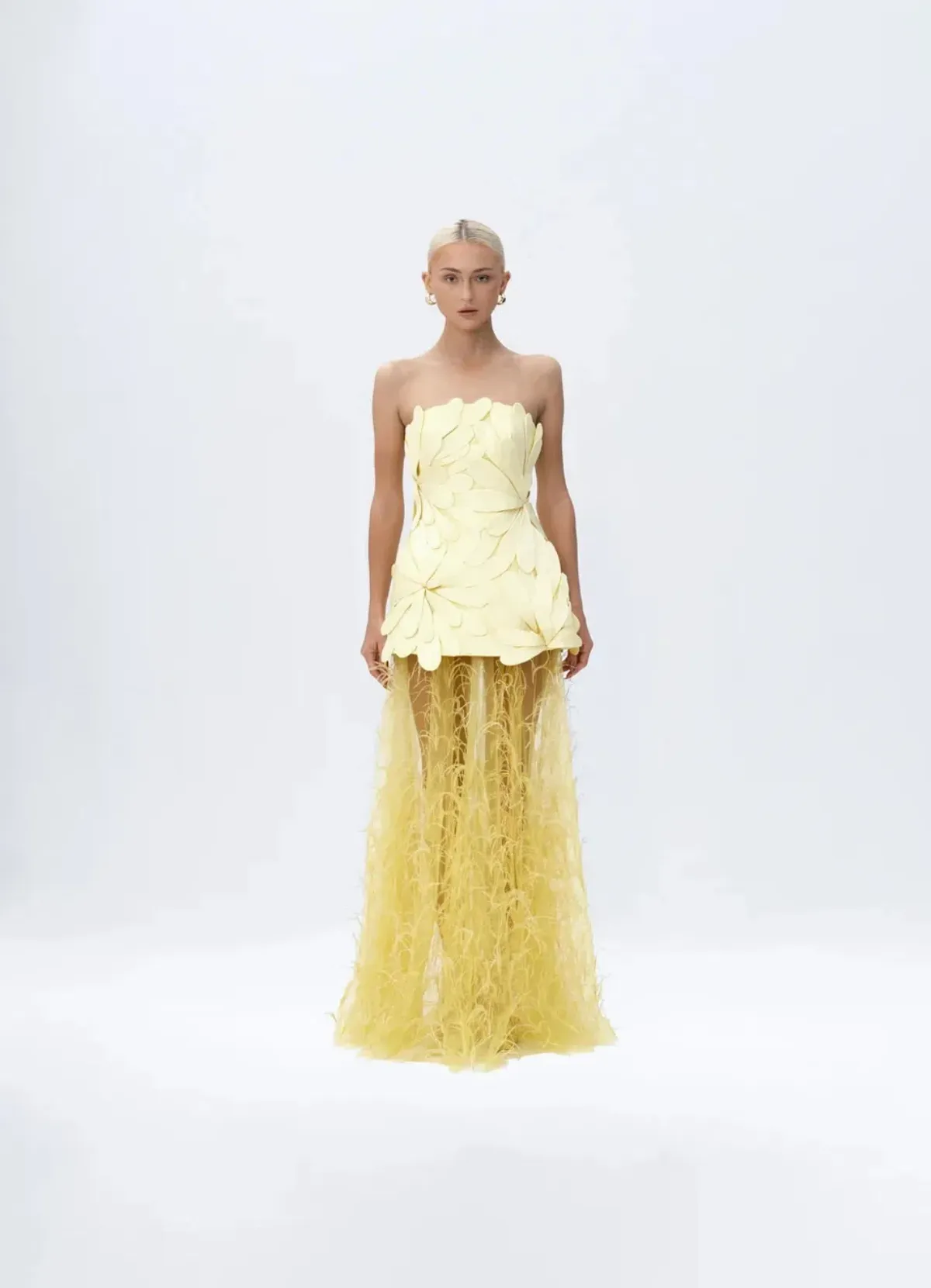 Justin Tong Marisol Applique Gown Yellow Feather Sheer Dress Size 10 - Image 2