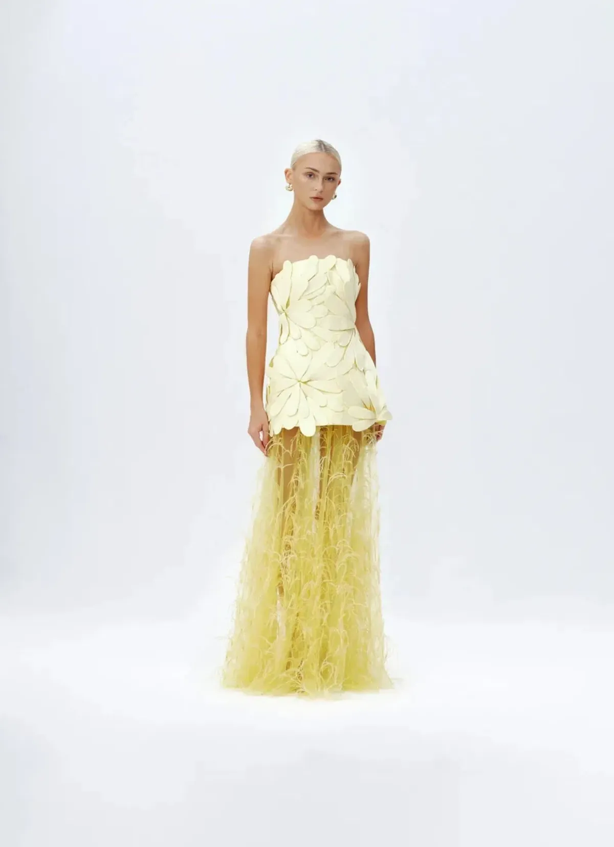 Justin Tong Marisol Applique Gown Yellow Feather Sheer Dress Size 10 - Image 1
